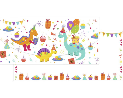 Dekorativní bordura s dinosaury, dárky a balónky pro narozeninovou oslavu.