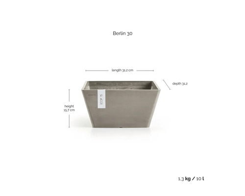 Květináč Ecopots Berlin 30 s rozměry délka 31,2 centimetrů, hloubka 31,2 centimetrů, výška 15,7 centimetrů a objemem 10 litrů.