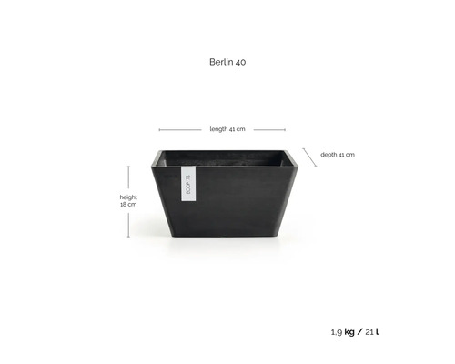 Čtvercový květináč Berlin 40 s ECOPOTS Logo, rozměry 41 krát 41 krát 18 centimetrů, hmotnost 1,9 kilogramu, objem 21 litrů.