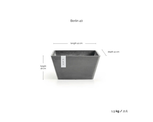 Šedý květináč Ecopots Berlin 40, délka 41 centimetrů, hloubka 41 centimetrů, výška 18 centimetrů, objem 21 litrů, hmotnost 1,9 kilogramu.