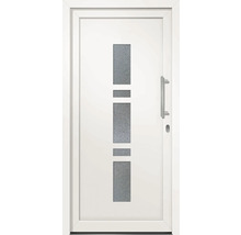 Bílé vchodové dveře se skleněnými vložkami a nerezovou klikou