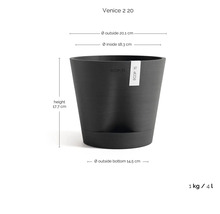 Květináč Ecopots Venice 2 20 s Ecopots Logo: výška 17,7 centimetrů, vnější průměr 20,1 centimetrů, objem 4 litry, hmotnost 1 kilogram.