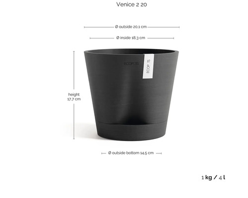 Květináč Ecopots Venice 2 20 s Ecopots Logo: výška 17,7 centimetrů, vnější průměr 20,1 centimetrů, objem 4 litry, hmotnost 1 kilogram.