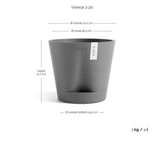 Květináč Ecopots Venice 2 20 s logem Ecopots, rozměry: vnější 20,1 centimetrů, vnitřní 18,3, výška 17,7, dno 14,5, objem 4 litry.