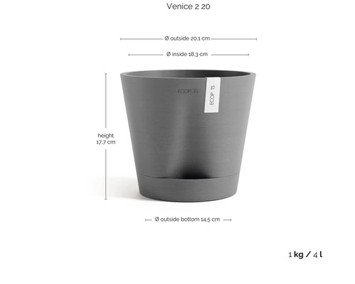 Květináč Ecopots Venice 2 20 s logem Ecopots, rozměry: vnější 20,1 centimetrů, vnitřní 18,3, výška 17,7, dno 14,5, objem 4 litry.