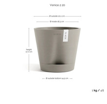 Květináč Ecopots Venice 2 20 s Ecopots Logo: výška 17,7 centimetru, horní průměr 20,1 centimetru, dno 14,5 centimetru, 4 litry, 1 kilogram.