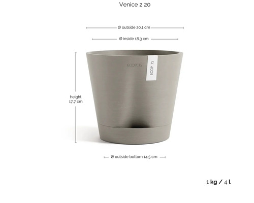 Květináč Ecopots Venice 2 20 s Ecopots Logo: výška 17,7 centimetru, horní průměr 20,1 centimetru, dno 14,5 centimetru, 4 litry, 1 kilogram.