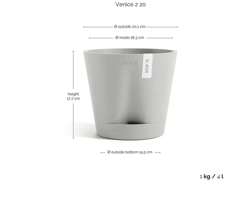 Květináč Ecopots Venice 2 20 s Ecopots Logo. Rozměry: výška 17,7 centimetru, vnější průměr 20,1 centimetru, objem 4 litry, hmotnost 1 kilogram.