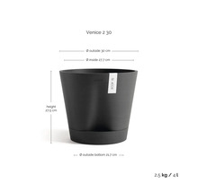 Květináč Ecopots Venice 2 30, výška 27,5 centimetrů, vnější průměr 30 centimetrů, hmotnost 2,5 kilogramů, objem 4 litry.