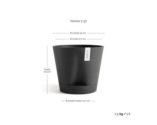 Květináč Ecopots Venice 2 30, výška 27,5 centimetrů, vnější průměr 30 centimetrů, hmotnost 2,5 kilogramů, objem 4 litry.
