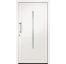 Bílé vchodové dveře s klikou a skleněnou vložkou