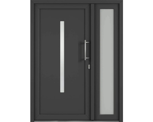 Moderní vchodové dveře s bočním panelem a vertikálním skleněným prvkem