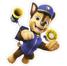 Samolepka s Chasem, německým ovčákem z Tlapkové patroly, v policejní uniformě a megafonu