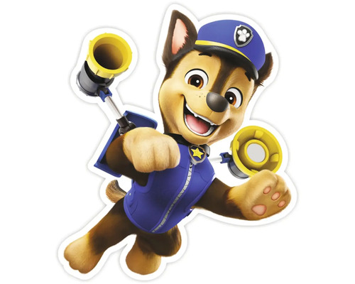 Samolepka s Chasem, německým ovčákem z Tlapkové patroly, v policejní uniformě a megafonu
