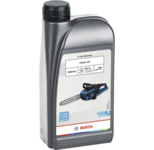 Láhev řetězového oleje Bosch, 1000 ml, s informací o 90 procentech rostlinných složek.