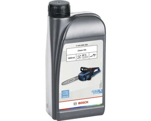 Láhev řetězového oleje Bosch, 1000 ml, s informací o 90 procentech rostlinných složek.