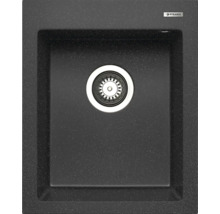 Černý kompozitní kuchyňský dřez se sítkovým ventilem a logem Pyramis