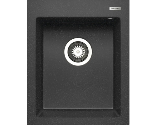 Černý kompozitní kuchyňský dřez se sítkovým ventilem a logem Pyramis