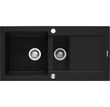 Černý dřez se dvěma komorami a odkapávací plochou