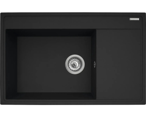 Černý kuchyňský dřez s odkapávací plochou a sítkovým ventilem