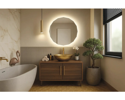 Koupelna s umyvadlovou skříňkou, zrcadlem s osvětlením, vanou a dekorací