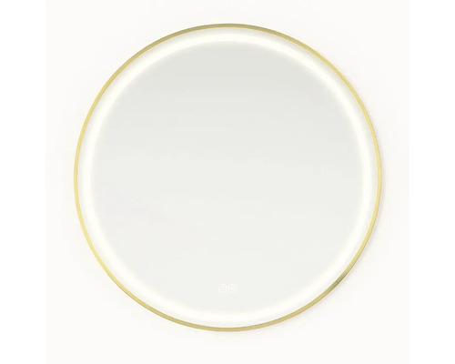 Kulaté zrcadlo se zlatým rámem a integrovaným osvětlením