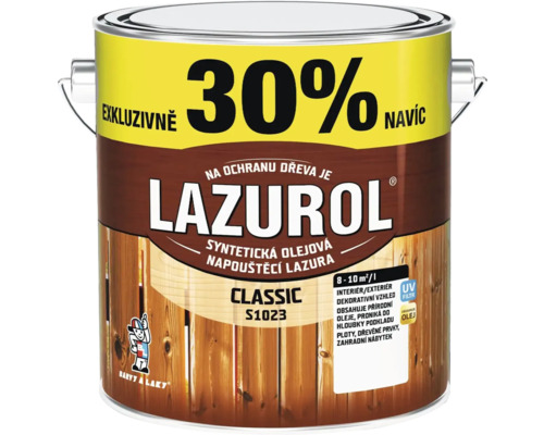 Lazurol lazura na dřevo v kovovém kbelíku s nápisem 30 procent obsahu navíc