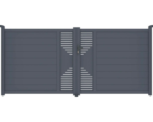 Šedá zahradní branka s horizontálními lamelami a ozdobnými výřezy