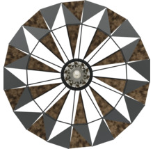 Stropní svítidlo s trojúhelníkovými prvky ze dřeva a kovu