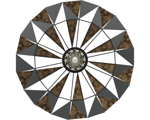 Stropní svítidlo s trojúhelníkovými prvky ze dřeva a kovu