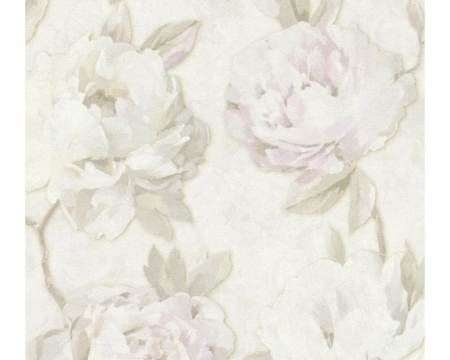 Vliesová tapeta s velkoplošným vzorem pivoněk a strukturovaným povrchem.