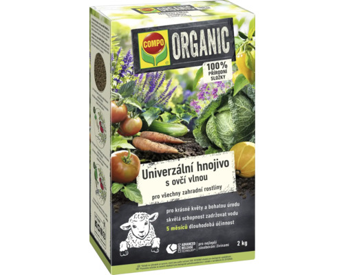 Balení univerzálního organického hnojiva s ovčí vlnou od společnosti Compo, 2 kilogramy