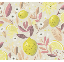 Tapeta s botanickým vzorem žlutých citronů, plátků citronu, růžových a hnědých listů a bílých a žlutých květů.