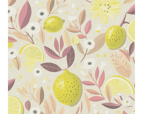 Tapeta s botanickým vzorem žlutých citronů, plátků citronu, růžových a hnědých listů a bílých a žlutých květů.