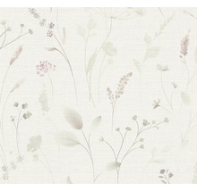 Vliesová tapeta s jemným vzorem lučních květin a trav ve stylu akvarelu.
