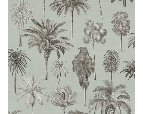 Vliesová tapeta s botanickým vzorem ve vintage stylu zobrazující různé palmy a tropické rostliny.