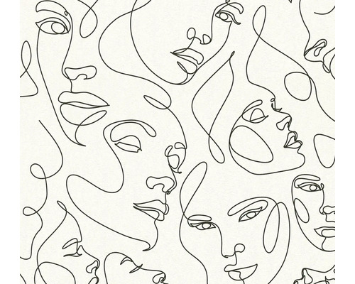 Tapeta s obličeji v technice continuous line art, minimalistický design s černými liniemi.