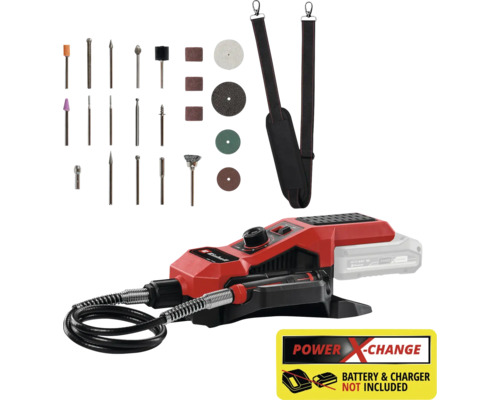 Akumulátorové multifunkční nářadí Einhell s příslušenstvím a popruhem. Baterie a nabíječka nejsou součástí balení.