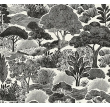 Vliesová tapeta s motivem krajiny, detailní ilustrace stromů, keřů a květin v grafickém stylu kresby.