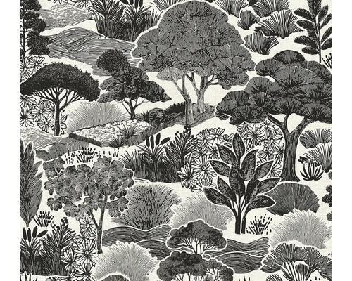 Vliesová tapeta s motivem krajiny, detailní ilustrace stromů, keřů a květin v grafickém stylu kresby.