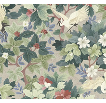 Vliesová tapeta s botanickým vzorem, jeřáby, listy, květy a bobulemi v asijském stylu.