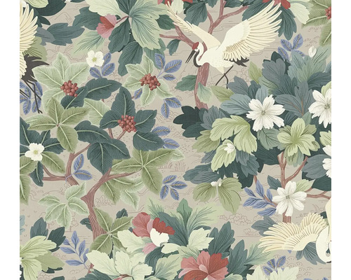 Vliesová tapeta s botanickým vzorem, jeřáby, listy, květy a bobulemi v asijském stylu.