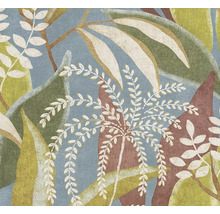 Vliesová tapeta s velkým vzorem listů různých tvarů a barev.