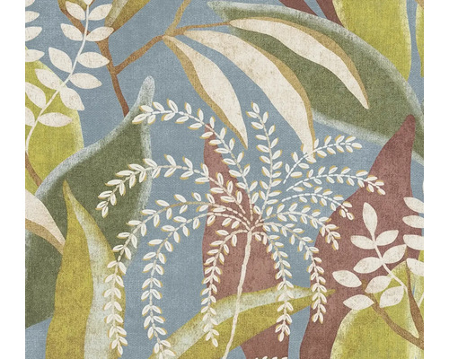 Vliesová tapeta s velkým vzorem listů různých tvarů a barev.