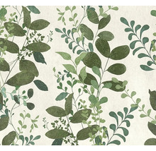 Vliesová tapeta s botanickým vzorem listů v různých zelených tónech.
