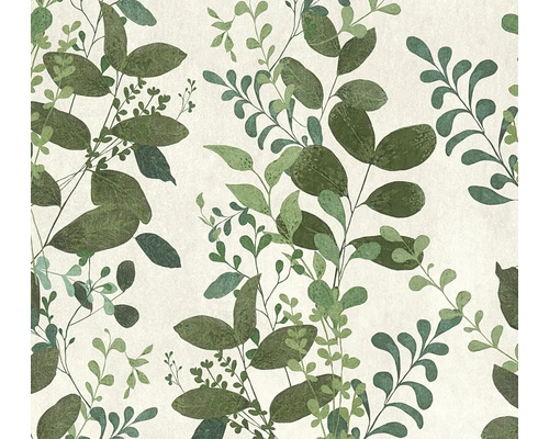 Vliesová tapeta s botanickým vzorem listů v různých zelených tónech.