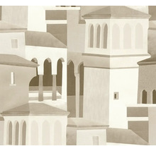 Vliesová tapeta s abstraktním architektonickým vzorem středomořských budov s oblouky a věžemi v béžové a hnědé barvě.