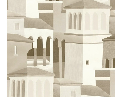 Vliesová tapeta s abstraktním architektonickým vzorem středomořských budov s oblouky a věžemi v béžové a hnědé barvě.