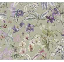 Vliesová tapeta s květinovým vzorem různých květin, listů a motýlů v ilustrativním stylu.