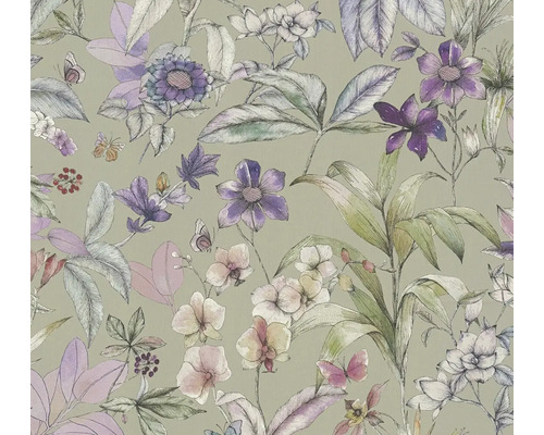 Vliesová tapeta s květinovým vzorem různých květin, listů a motýlů v ilustrativním stylu.